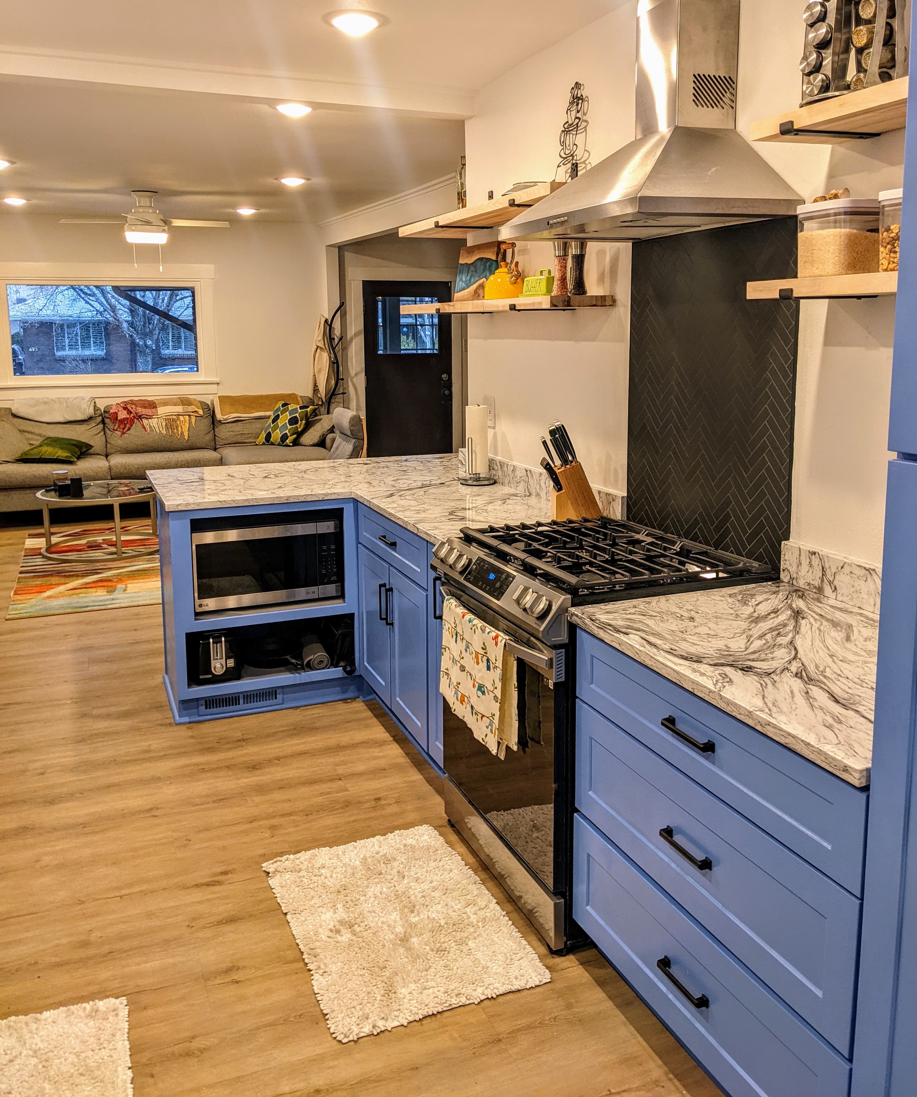 Park City kitchen remodel with blue cabinets and marble countertops